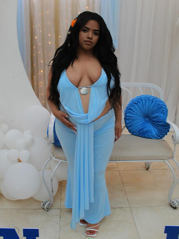 Momnfancy Blue Mesh Halter Neck Crop Draped Backless Bodycon 2-in-1 Party Baby Shower Maternity Maxi Dress