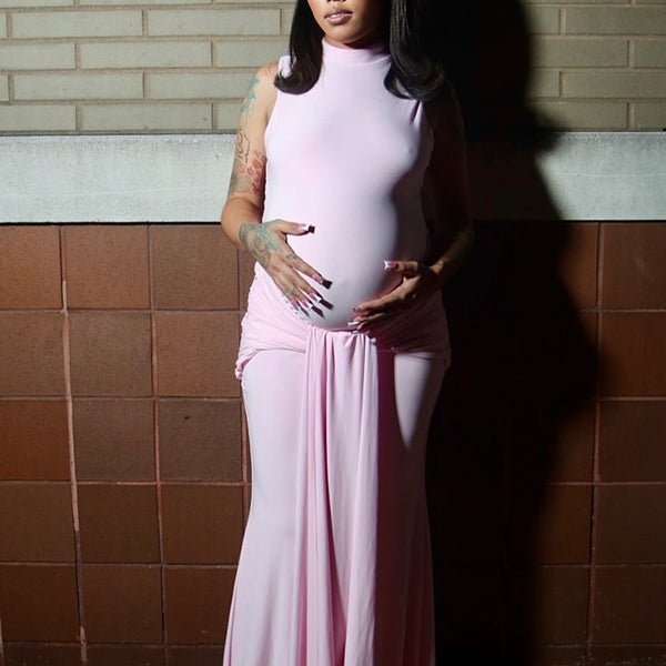 Momnfancy Pink Ruched Lace-up Draped Backless Mermaid Bodycon Baby Shower Maternity Maxi Dress