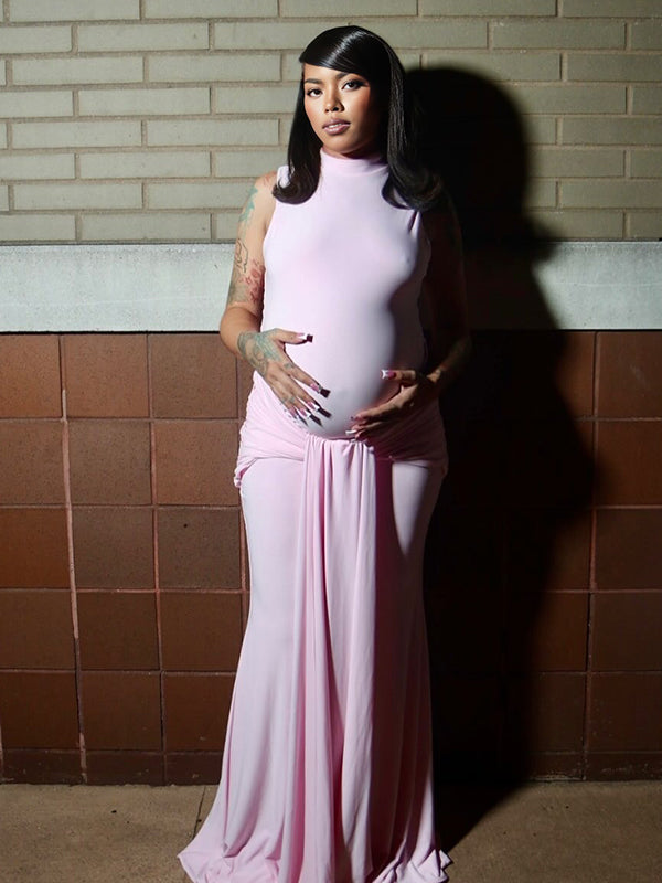 Momnfancy Pink Ruched Lace-up Draped Backless Mermaid Bodycon Baby Shower Maternity Maxi Dress