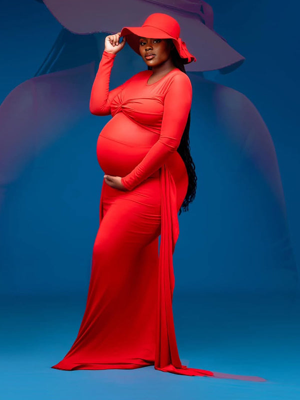 Momnfancy Red Mesh Cross Front Draped Lace-up Ruched Long Sleeve Bodycon Mermaid Photoshoot Maternity Maxi Dress