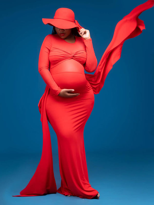 Momnfancy Red Mesh Cross Front Draped Lace-up Ruched Long Sleeve Bodycon Mermaid Photoshoot Maternity Maxi Dress