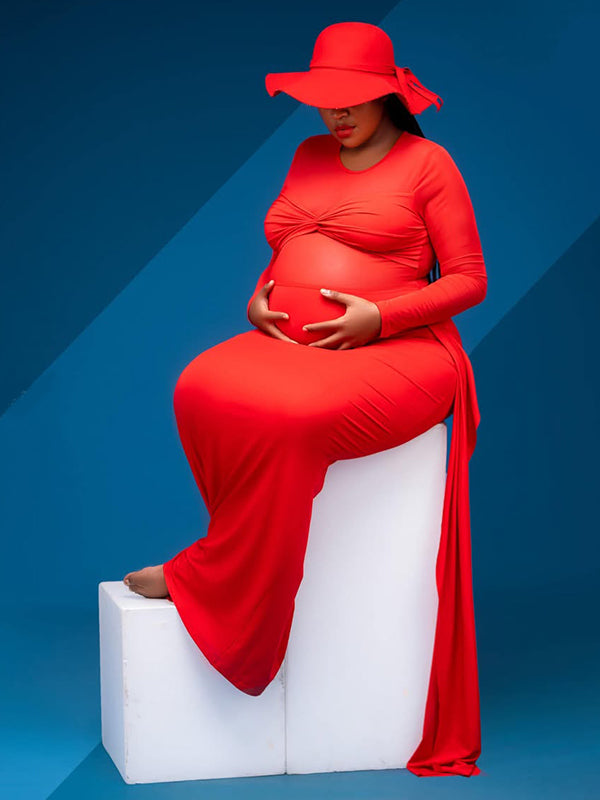 Momnfancy Red Mesh Cross Front Draped Lace-up Ruched Long Sleeve Bodycon Mermaid Photoshoot Maternity Maxi Dress