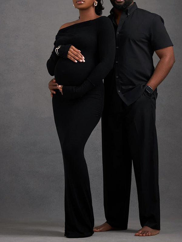 Momnfancy Black Irregular One Shoulder Bodycon Long Sleeve Photoshoot Maternity Maxi Dress