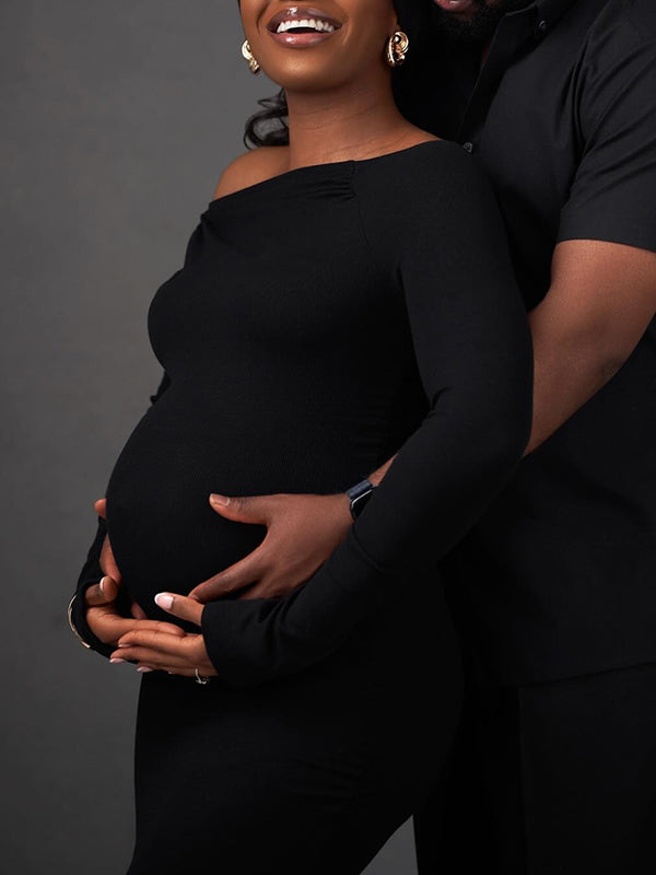 Momnfancy Black Irregular One Shoulder Bodycon Long Sleeve Photoshoot Maternity Maxi Dress