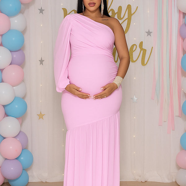 Momnfancy Mesh One Shoulder Ruched Irregular Mermaid Bodycon Cocktail Evening Gown Baby Shower Maternity Maxi Dress
