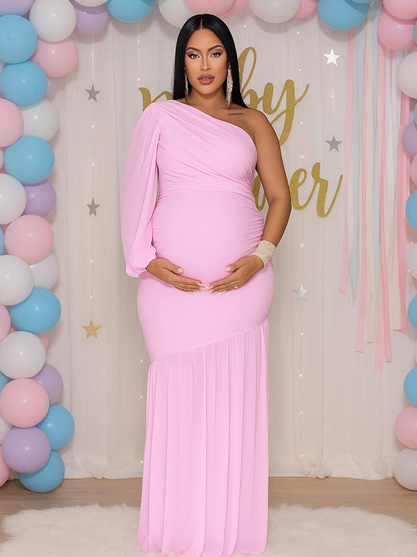 Momnfancy Mesh One Shoulder Ruched Irregular Mermaid Bodycon Cocktail Evening Gown Baby Shower Maternity Maxi Dress