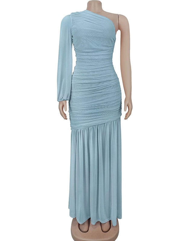 Momnfancy Mesh One Shoulder Ruched Irregular Mermaid Bodycon Cocktail Evening Gown Baby Shower Maternity Maxi Dress