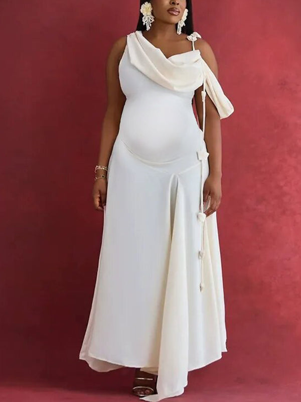 Momnfancy Irregular 3D Flower Ruched Cap Sleeve Cocktail Gown Baby Shower Maternity Maxi Dress