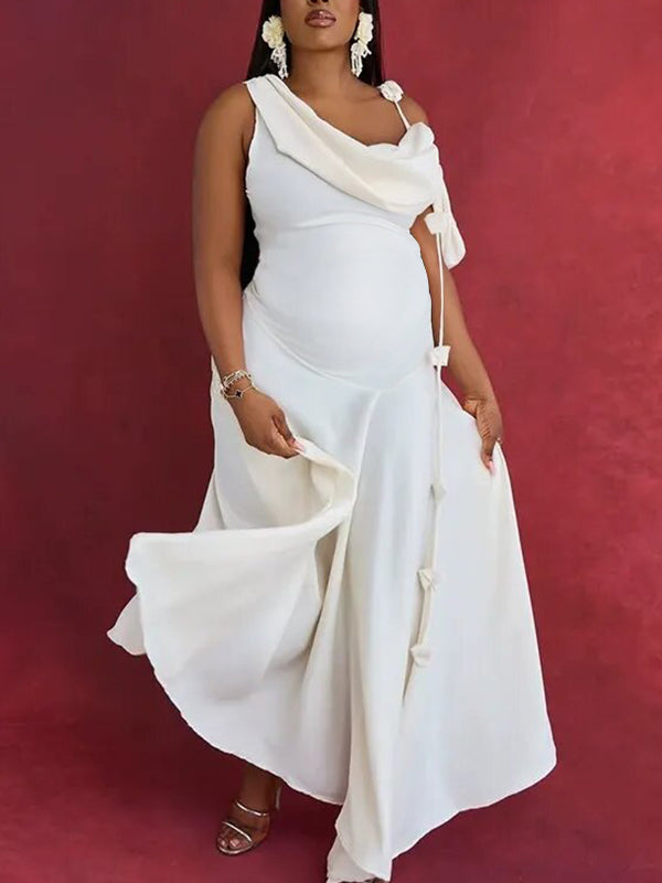 Momnfancy Irregular 3D Flower Ruched Cap Sleeve Cocktail Gown Baby Shower Maternity Maxi Dress