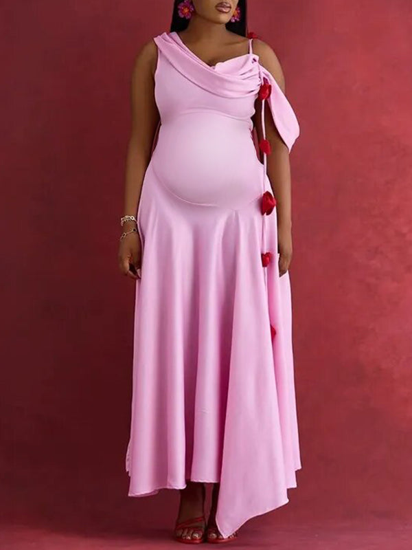 Momnfancy Irregular 3D Flower Ruched Cap Sleeve Cocktail Gown Baby Shower Maternity Maxi Dress