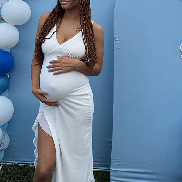 Momnfancy White Ruffle V-Neck Irregular Bodycon Baby Shower Maternity Maxi Dress