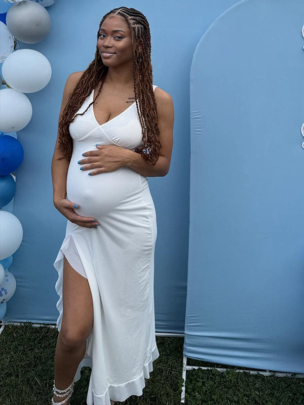 Momnfancy White Ruffle V-Neck Irregular Bodycon Baby Shower Maternity Maxi Dress