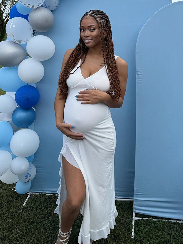 Momnfancy White Ruffle V-Neck Irregular Bodycon Baby Shower Maternity Maxi Dress
