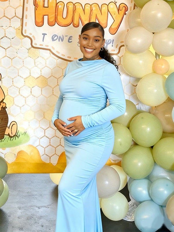 Momnfancy Oblique Shoulder Waist-cinching Evening Gowns Baby Shower Maternity Maxi Dress