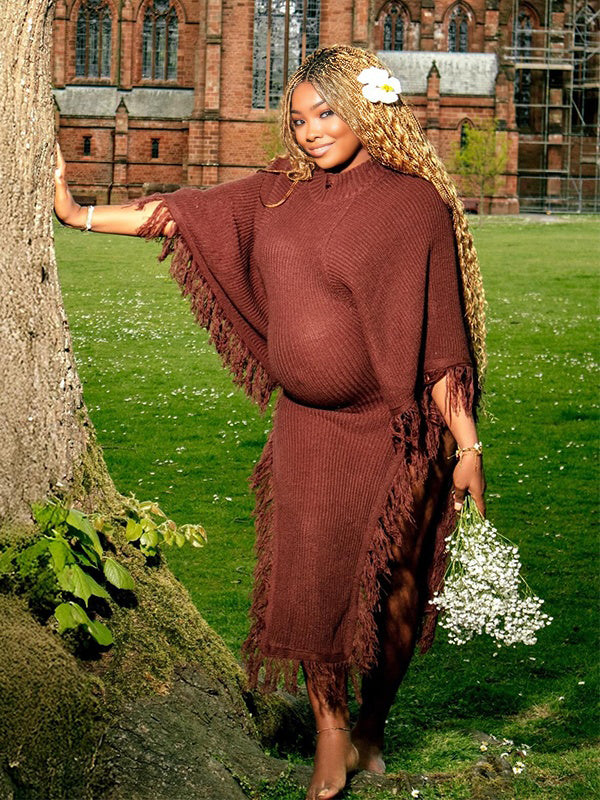Momnfancy Knitted Tassel Side Slit Waist-cinching Photoshoot Maternity Maxi Dress