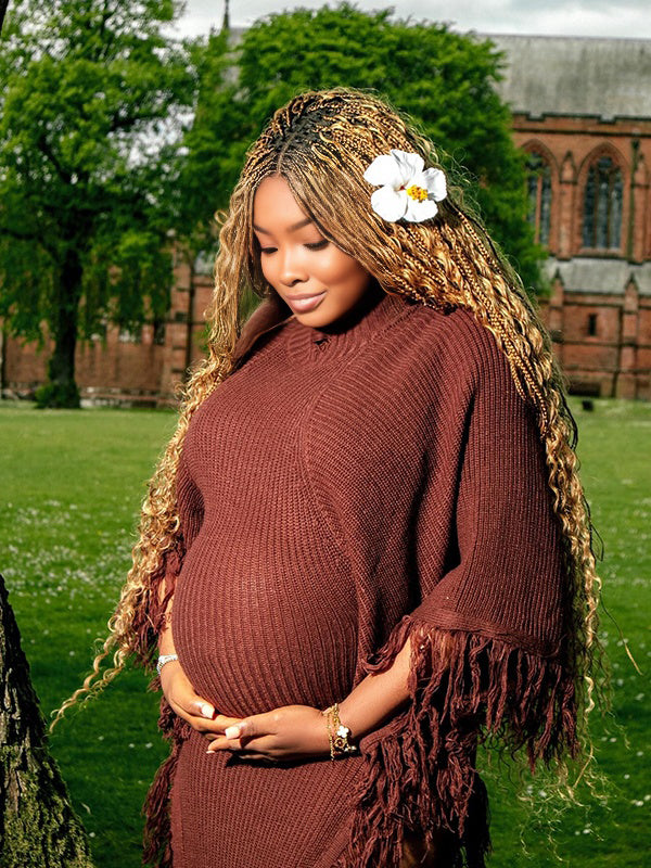 Momnfancy Knitted Tassel Side Slit Waist-cinching Photoshoot Maternity Maxi Dress