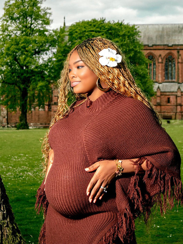 Momnfancy Knitted Tassel Side Slit Waist-cinching Photoshoot Maternity Maxi Dress