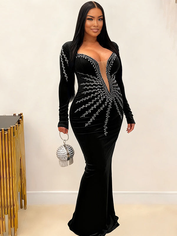 Momnfancy Hotfix Rhinestones Plunging Neckline Bodycon Evening Gowns Maternity Mini Dress