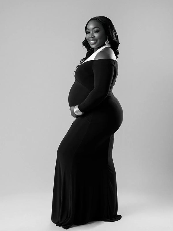 Momnfancy Halter Neck Off Shoulder Hit Color Backless Long Sleeve Mermaid Bodycon Photoshoot Maternity Maxi Dress
