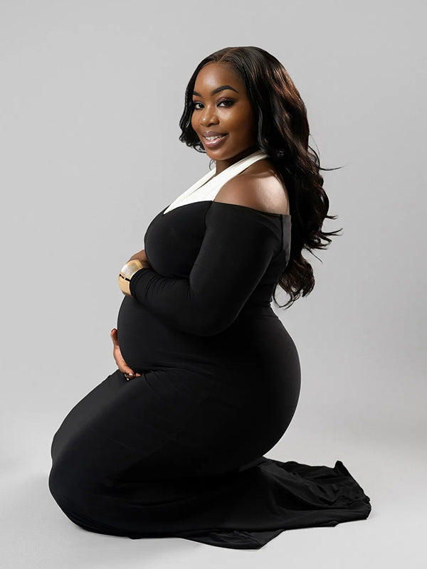 Momnfancy Halter Neck Off Shoulder Hit Color Backless Long Sleeve Mermaid Bodycon Photoshoot Maternity Maxi Dress