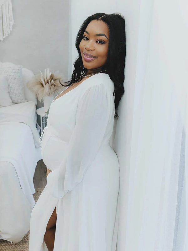 Momnfancy White Chiffon V-Neck Lantern Sleeve Side Slit Weeding Photoshoot Maternity Maxi Dress
