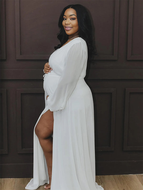 Momnfancy White Chiffon V-Neck Lantern Sleeve Side Slit Weeding Photoshoot Maternity Maxi Dress