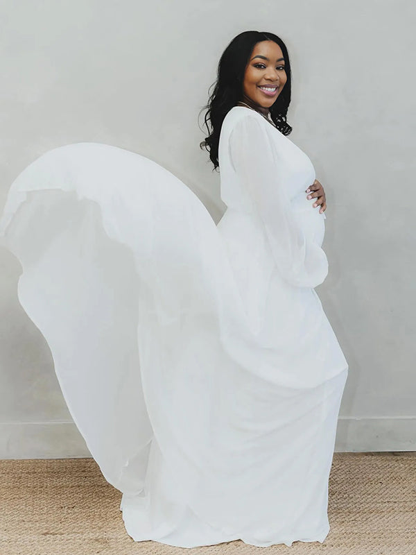 Momnfancy White Chiffon V-Neck Lantern Sleeve Side Slit Weeding Photoshoot Maternity Maxi Dress