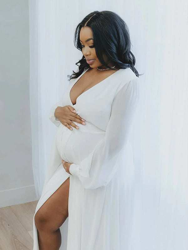 Momnfancy White Chiffon V-Neck Lantern Sleeve Side Slit Weeding Photoshoot Maternity Maxi Dress