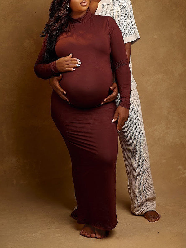 Momnfancy Wine Red Band Neck Long Sleeve Bodycon Basic Plus Size Photoshoot Maternity Maxi Dress