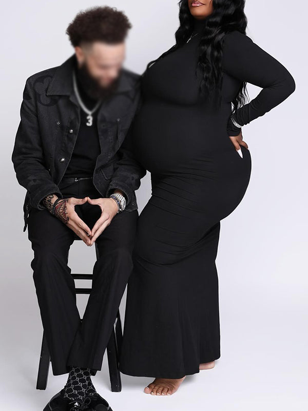Momnfancy Black Band Neck Long Sleeve Bodycon Basic Mermaid Photoshoot Maternity Maxi Dress