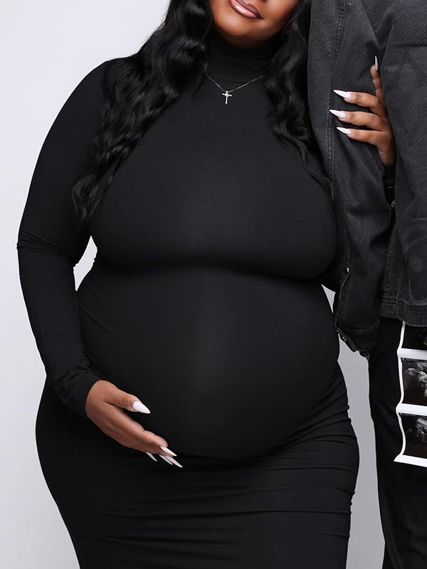 Momnfancy Black Band Neck Long Sleeve Bodycon Basic Mermaid Photoshoot Maternity Maxi Dress