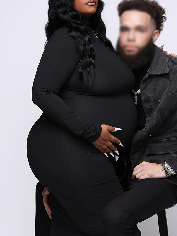 Momnfancy Black Band Neck Long Sleeve Bodycon Basic Mermaid Photoshoot Maternity Maxi Dress