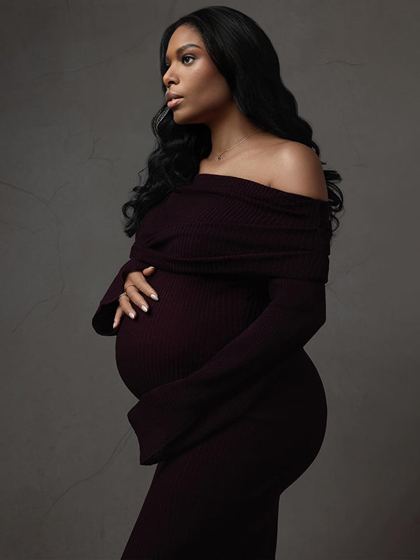 Momnfancy Knitting Off Shoulder Backless Ruched Bodycon Flare Long Sleeve Bodycon Maternity Sweater Maxi Dress