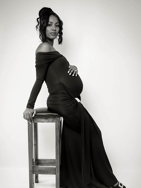 Momnfancy Solid Color Off Shoulder Ruched Backless Draped Bodycon Long Sleeve Mermaid Evening Gown Photoshoot Maternity Maxi Dress
