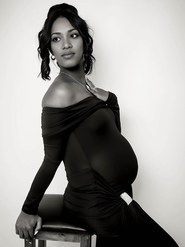 Momnfancy Solid Color Off Shoulder Ruched Backless Draped Bodycon Long Sleeve Mermaid Evening Gown Photoshoot Maternity Maxi Dress
