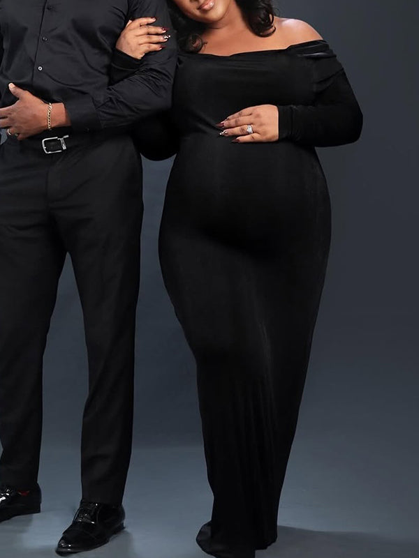 Momnfancy Black Off Shoulder Backless Cut Out Long Sleeve Bodycon Mermaid Photoshoot Maternity Maxi Dress