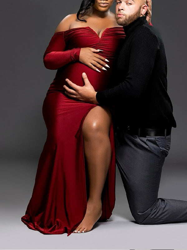 Momnfancy Red Off Shoulder Ruched Side Slit Plus Size Evening Gown Long Sleeve Bodycon Mermaid Photoshoot Maternity Maxi Dress