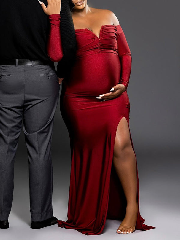 Momnfancy Red Off Shoulder Ruched Side Slit Plus Size Evening Gown Long Sleeve Bodycon Mermaid Photoshoot Maternity Maxi Dress