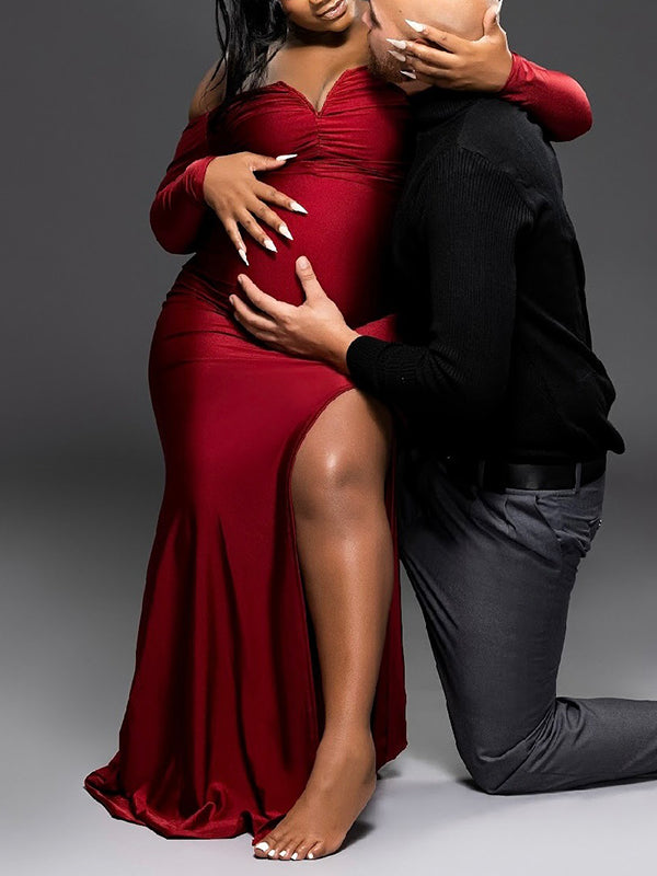 Momnfancy Red Off Shoulder Ruched Side Slit Plus Size Evening Gown Long Sleeve Bodycon Mermaid Photoshoot Maternity Maxi Dress