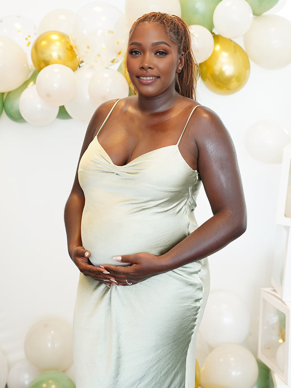 Momnfancy Sage Green Satin Spaghetti Strap Backless Ruched Mermaid Bodycon Prom Evening Party Baby Shower Maternity Maxi Dress