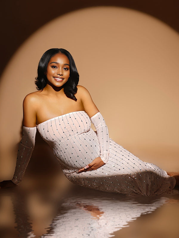 Momnfancy Apricot Off Shoulder Backless Sheer Diamond Bandeau Mermaid Bodycon Prom Evening Party Photoshoot Maternity Maxi Dress