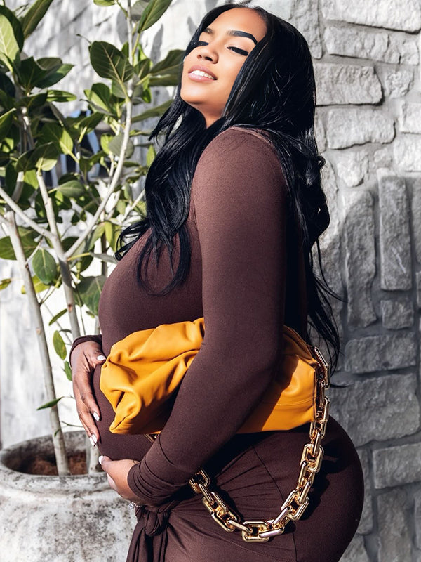 Momnfancy Brown Ruched Draped Lace-up Bodycon Casual Long Sleeve Baby Shower Maternity Maxi Dress