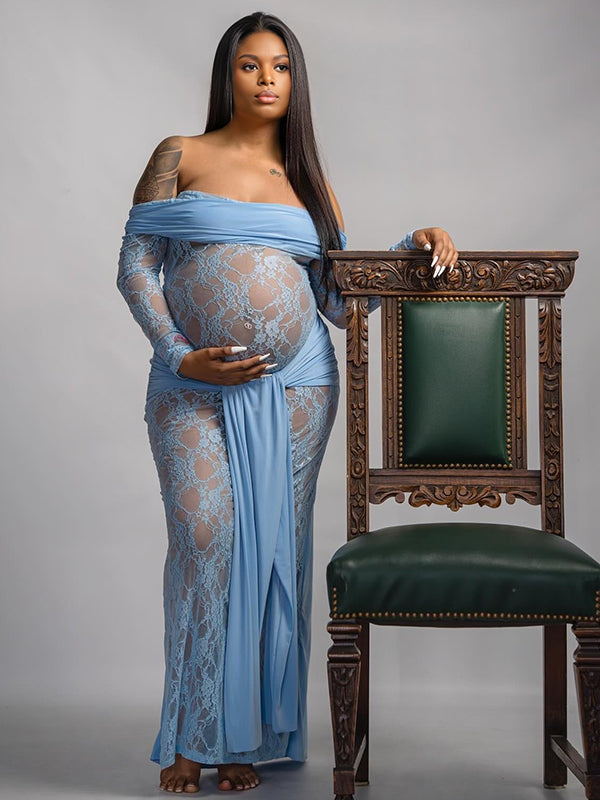 Momnfancy Light Blue Lace Off Shoulder Ruched Draped Lace-up Sheer Long Sleeve Bodycon Prom Evening Party Photoshoot Maternity Maxi Dress