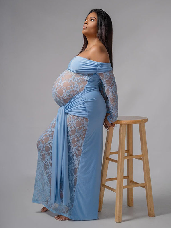 Momnfancy Light Blue Lace Off Shoulder Ruched Draped Lace-up Sheer Long Sleeve Bodycon Prom Evening Party Photoshoot Maternity Maxi Dress