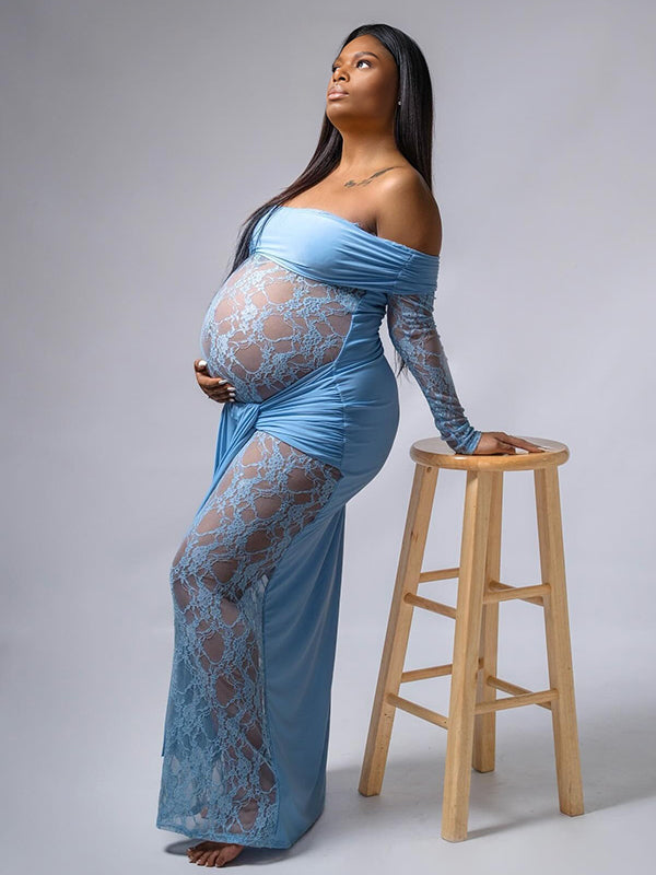 Momnfancy Light Blue Lace Off Shoulder Ruched Draped Lace-up Sheer Long Sleeve Bodycon Prom Evening Party Photoshoot Maternity Maxi Dress
