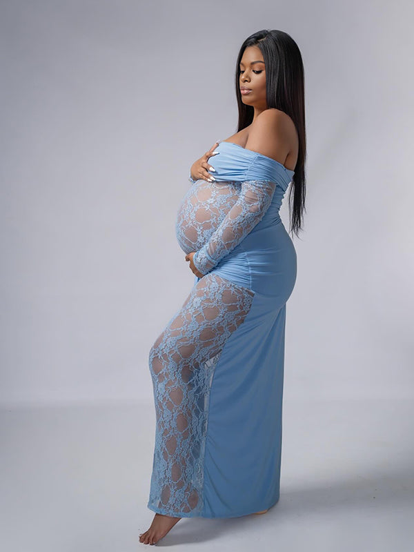 Momnfancy Light Blue Lace Off Shoulder Ruched Draped Lace-up Sheer Long Sleeve Bodycon Prom Evening Party Photoshoot Maternity Maxi Dress