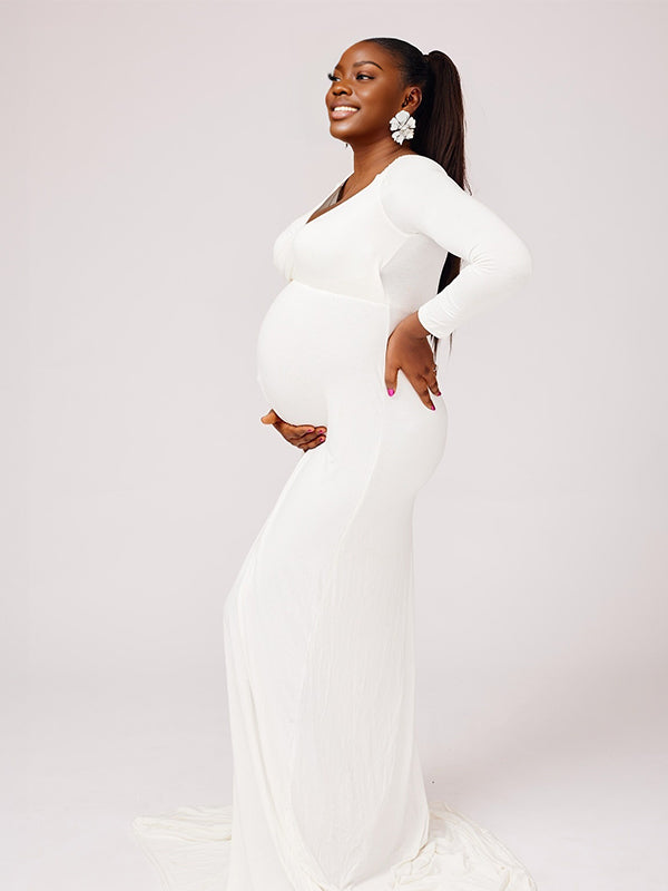 Momnfancy Boat Neck Off-shoulder Trailing Mermaid Evening Gowns Photoshoot Maternity Maxi Dress