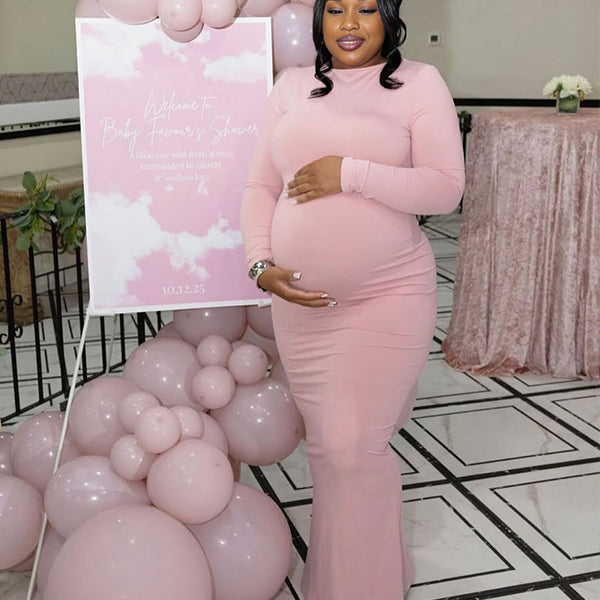 Momnfancy Pink Asymmetrical Bodycon Long Sleeve Basic Plus Size Baby Shower Maternity Maxi Dress