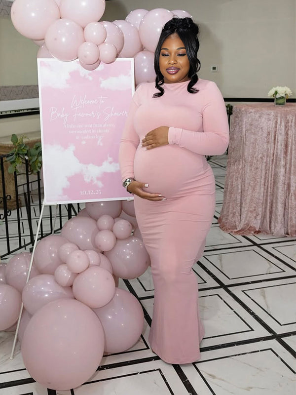 Momnfancy Pink Asymmetrical Bodycon Long Sleeve Basic Plus Size Baby Shower Maternity Maxi Dress