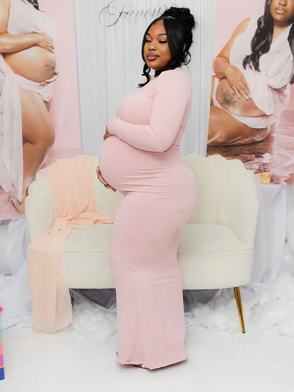 Momnfancy Pink Asymmetrical Bodycon Long Sleeve Basic Plus Size Baby Shower Maternity Maxi Dress
